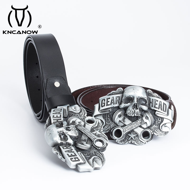 High Quality Leather Belt Men Strap Luxury Skull Gear Head Punk Buckle Fancy Vintage Western Cowboy Jeans Cinto Free Shipping
