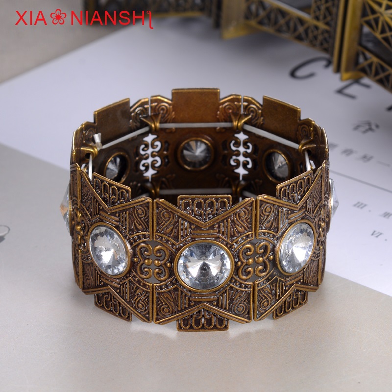 Brand Creative Bohemian Stretch Line Cuff Bracelet For Women Turkey Vintage Branch Flower Bangles Big Crystal Bronze Jewelry