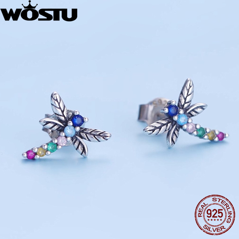 WOSTU 100% 925 Sterling Silver Rainbow Insect Bee Beetle Spider Butterfly Dragonfly Stud Earrings For Women Fine Jewelry Gifts