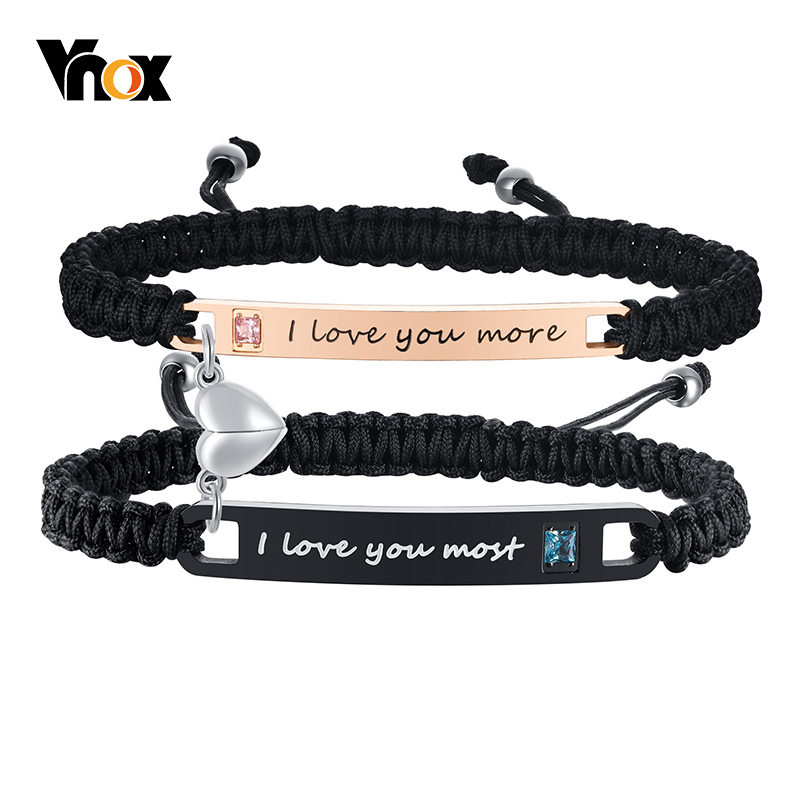 Vnox Attractive Heart His and Hers Handmade Rope Braided Couple Bracelets for Women Men,Custom Matching Set Gifts for Lover