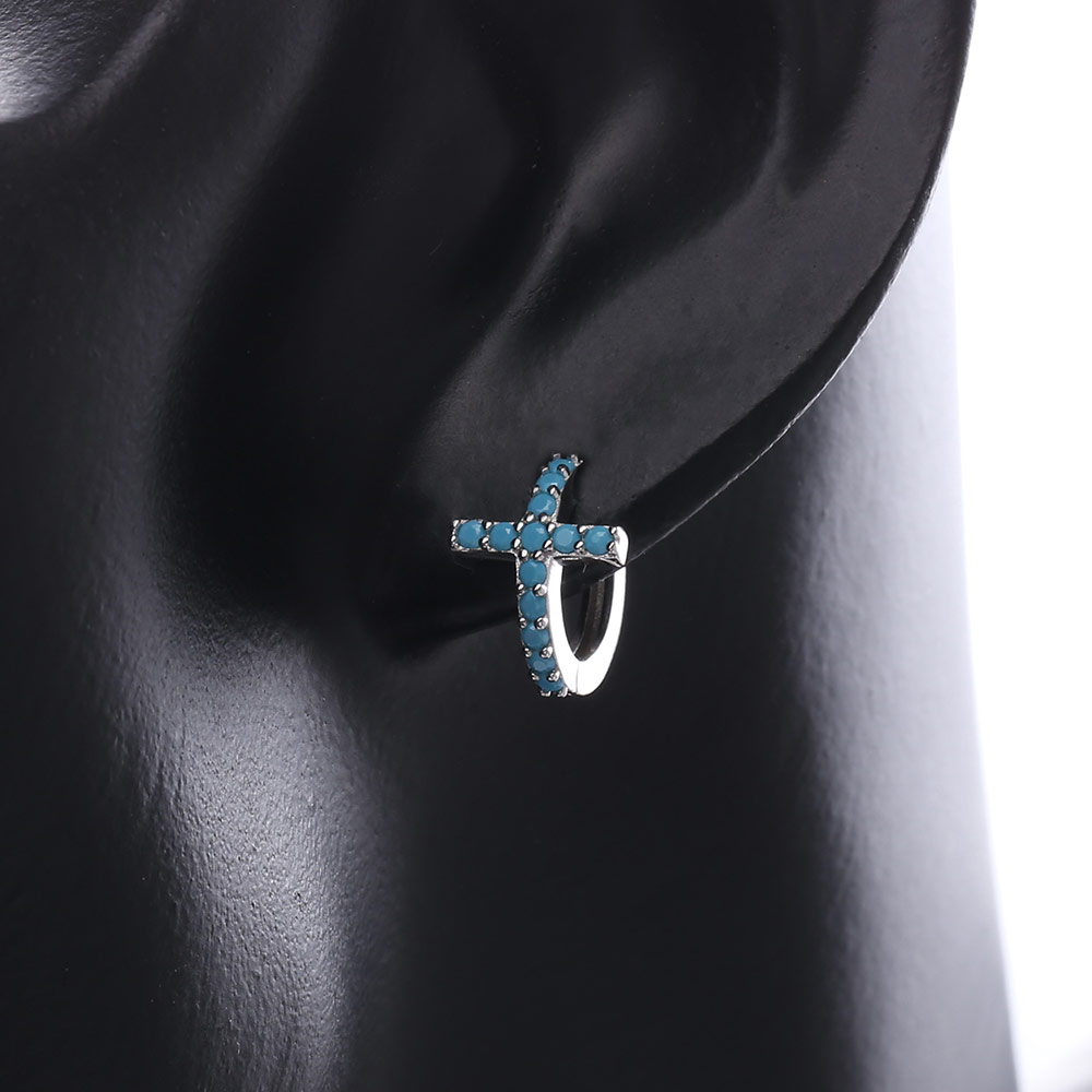 Moonmory 925 Sterling Silver Turquoise Hoop Huggies Earrings For Women Blue Stone CZ Circle Female Engagement Earring Jewelry