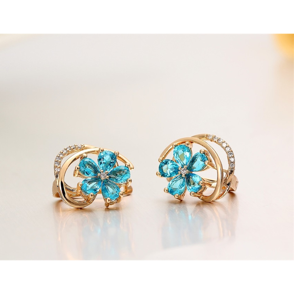 New Five Petal Flower Paved Pear Light Blue Crystals Yellow Gold Color D Huggie Hoop Earrings for Women Jewelry Pendientes Aros