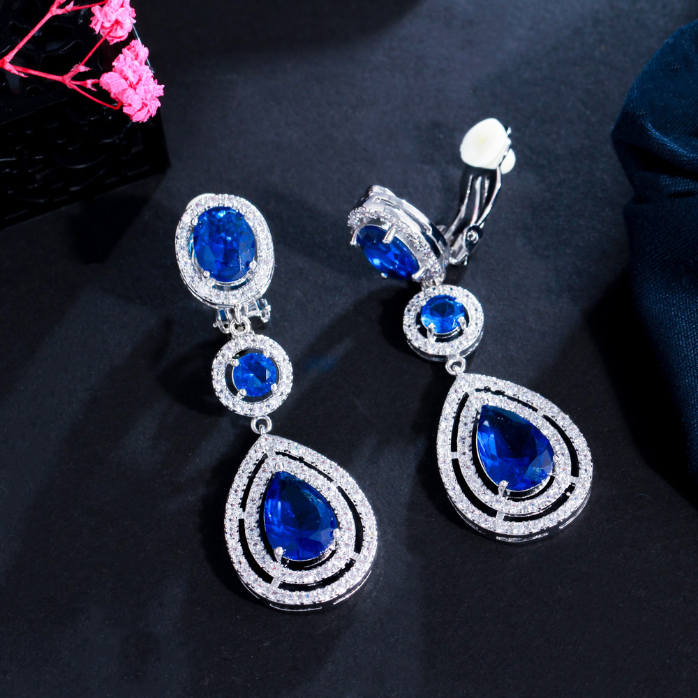 CWWZircons High Quality Women Red Wedding Party Costume Jewelry Long Water Drop Clip On Earring without Piercing Ear CZ244