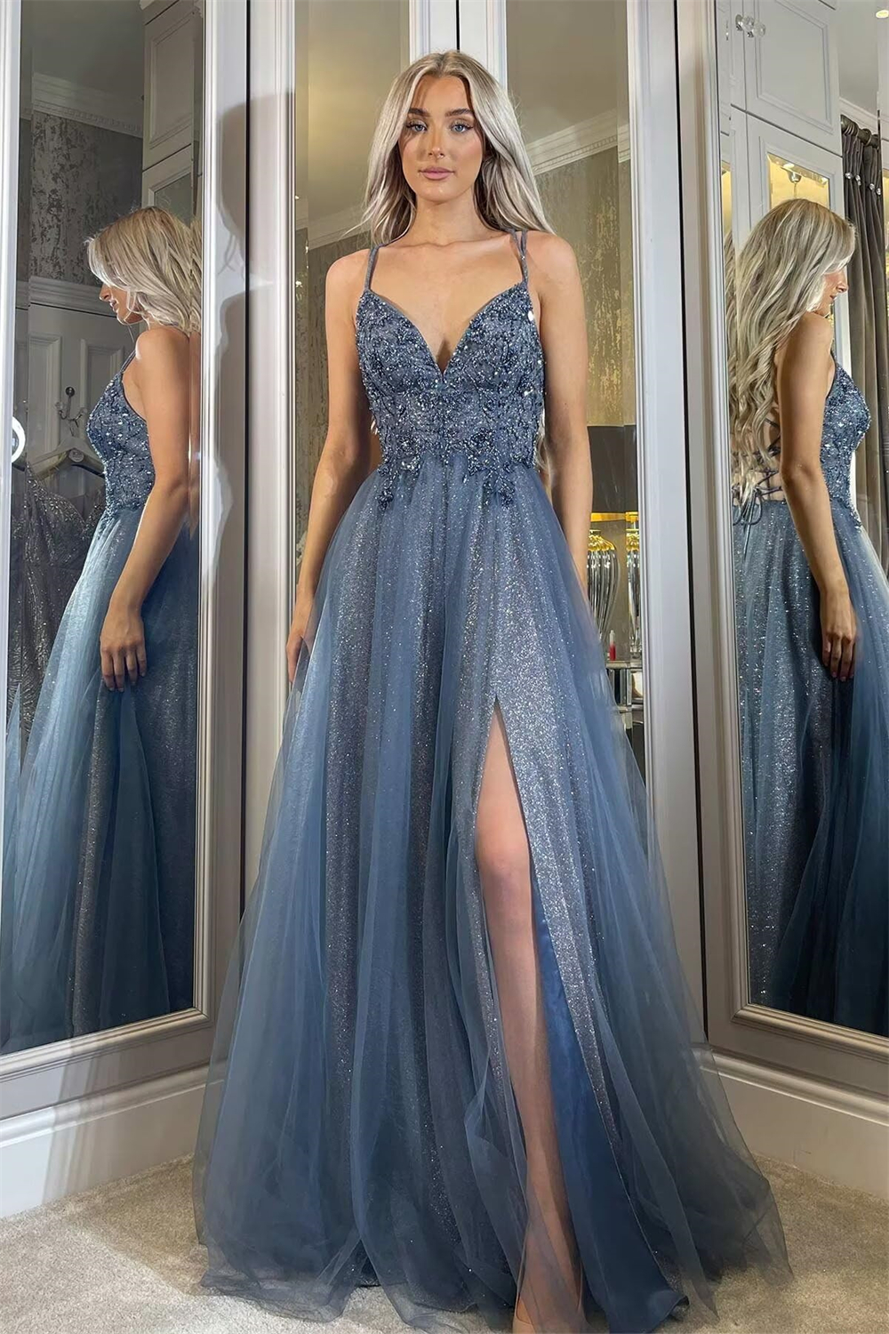 Long Prom Dresses Sequins Beading Deep V-Neck Backless Lace-up Split Tulle A-Line Plus Size Formal Occasion Evening Party Gown Pd22