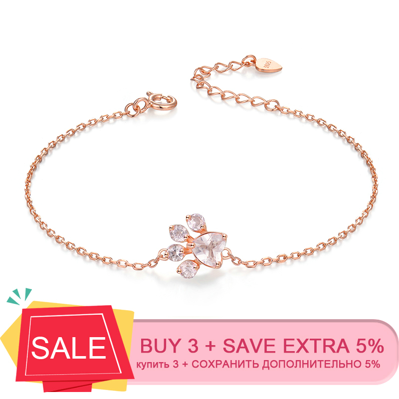 LAMOON Paw 5X5.5mm 100% Natural Heart Pink Rose Quartz 925 Sterling Silver Jewelry Rose Gold Chain Charm Bracelet S925 LMHI005