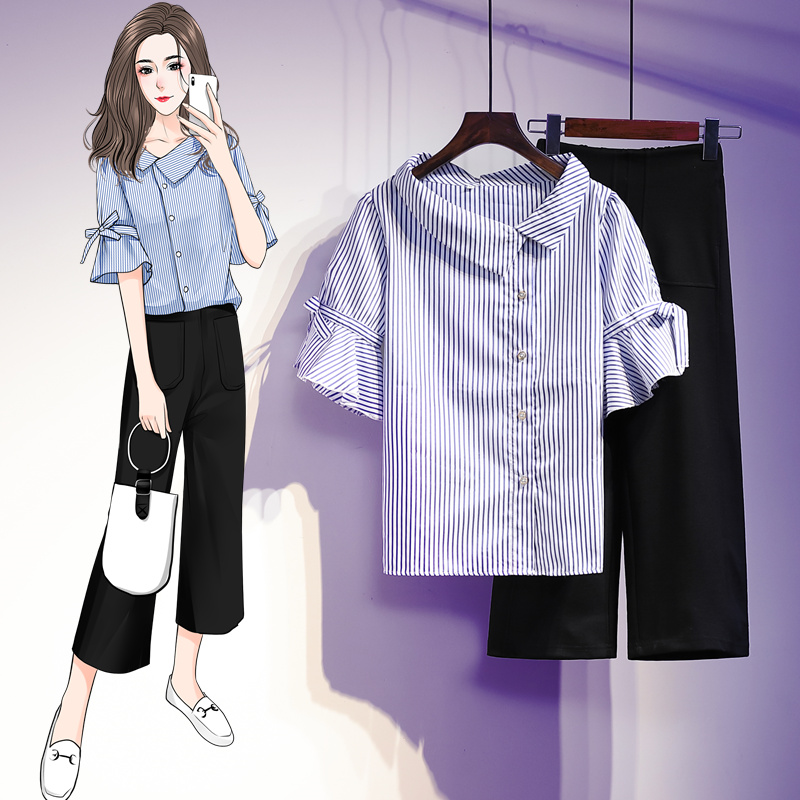 Summer Women's Clothing Two Piece Set Short Sleeve Stripe Blouse Tops And Wide Leg Pants Metching Set Outfit Plus Size Slim Suit