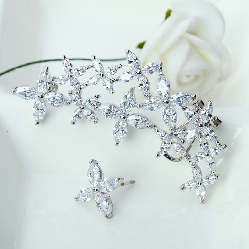 LUOTEEMI Stunning Silver Color Asymmetric Flower Stud Earrings for Women Romantic Elegant Lady Geometric CZ Wedding Jewelry