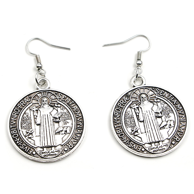 VILLWICE Vintage St. Benedict Medal Earrings Women Zinc Alloy Cross Pray Dangle Earrings Catholic Jewelry Gift