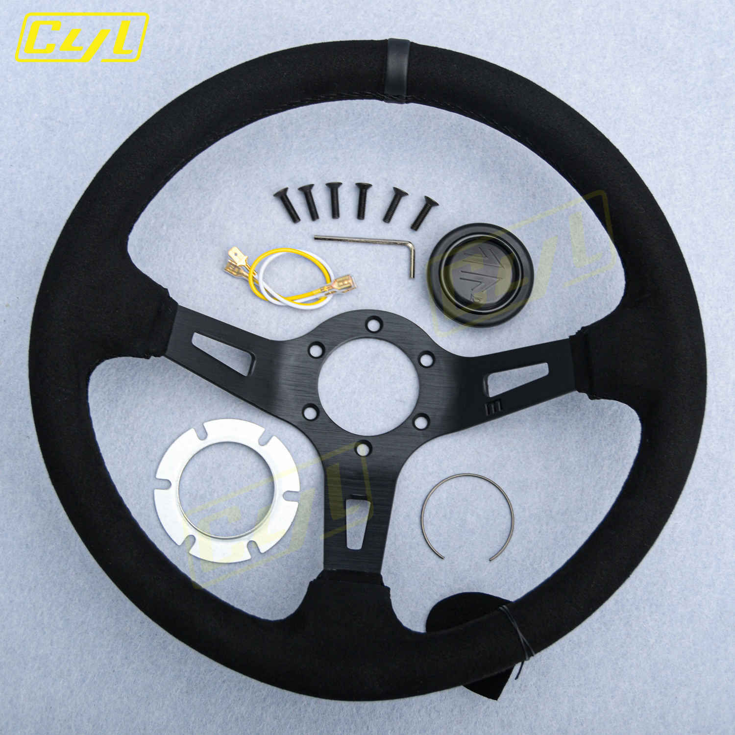 JDM Universal Suede Leather Steering Wheel 14inch Black Deep Dish Modified Sports Steering Wheel