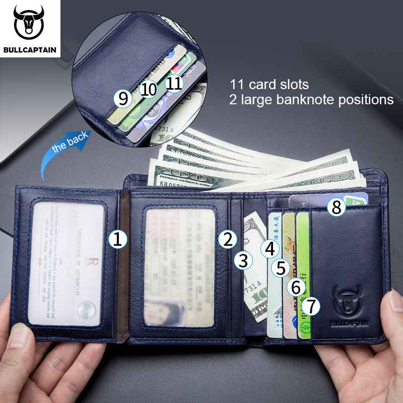 BULLCAPTAIN 2021 New Genuine Leather Man Wallet Small Mini Card Holder Male Purse Pocket RFID Wallet Coin High Quality