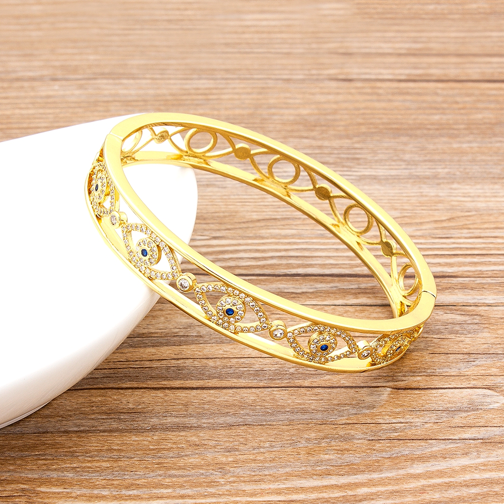 New Design Luxury 14 Styles Hollow Evil Eye Bangle Copper Cubic Zirconia Gold Color Cuff Bracelets For Women Girls Charm Jewelry