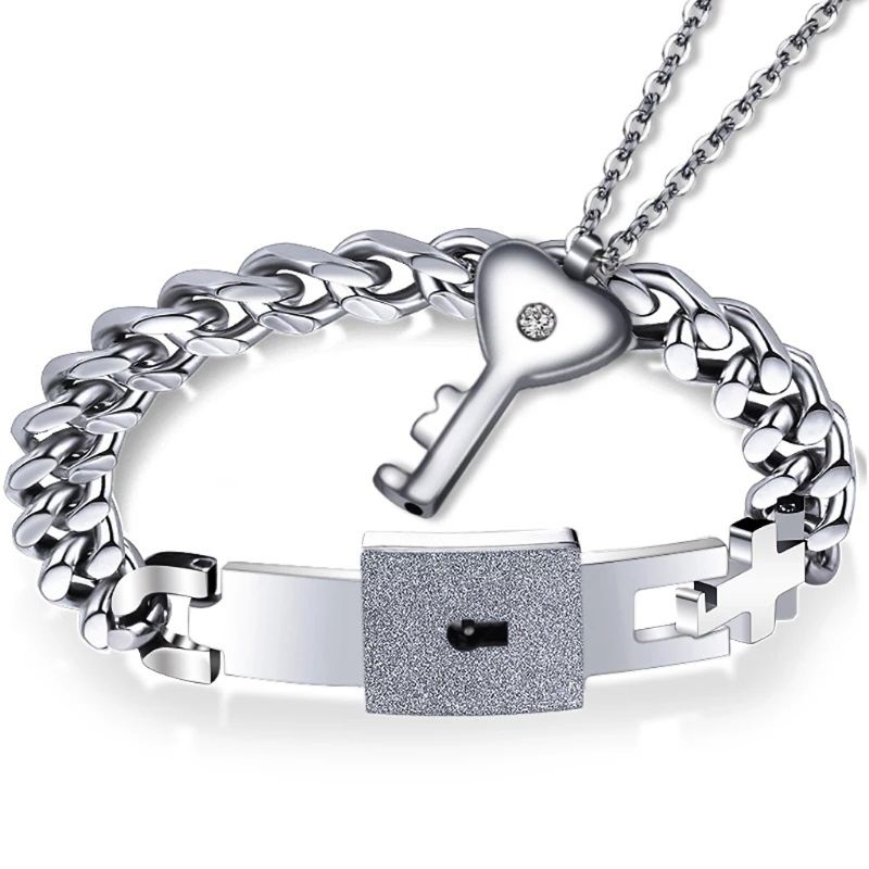 Titanium Puzzle Couple Heart Lock Key Couple Bracelet Necklace Lover