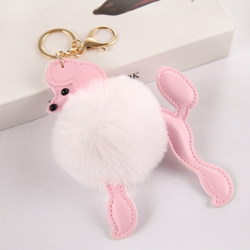 Lovely Poodle Faux Fur Ball Keychain Cute PU Leather Fluffy Animal Dog Keyring Women Bag Pendant Charm Plush Puppy Trinket Gifts