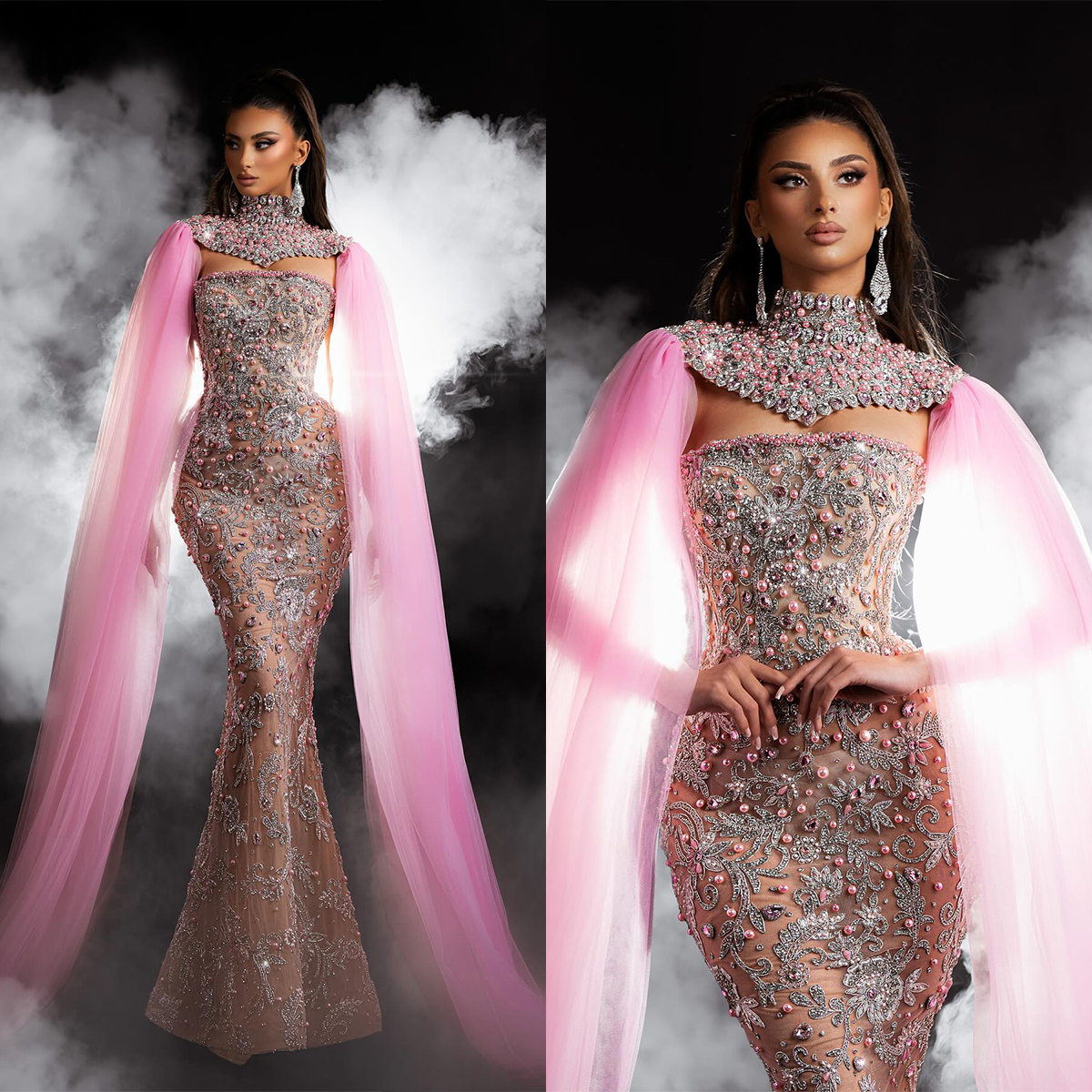 Graceful High Neck Prom Dresses Sexy Pearls Sequined Lace Mermaid Evening Dress Women Floor Length Party Gowns Custom Made