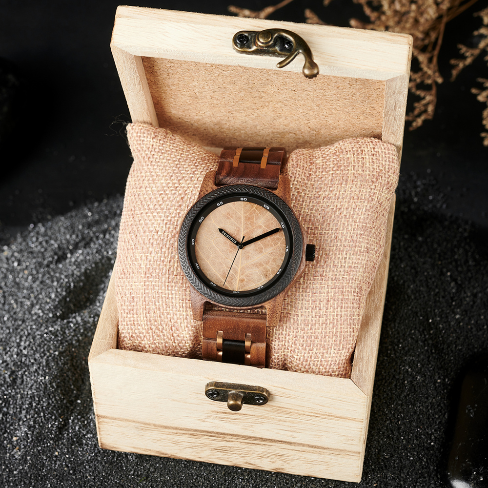 Mens Watches Unique Leaf Dial Design Quartz Wooden Wrist Watch for Men Support