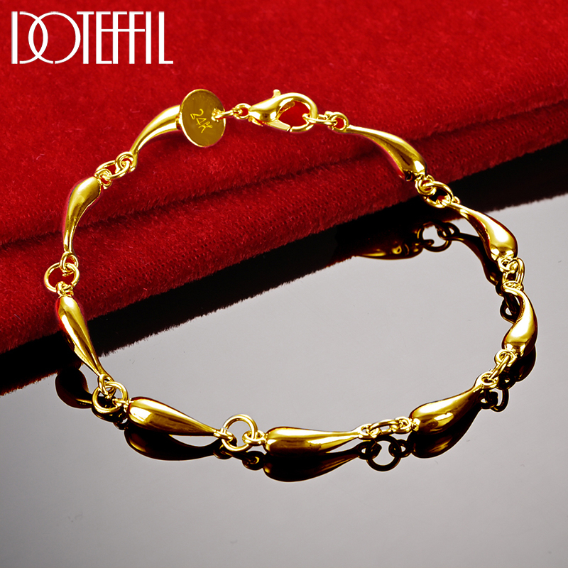 DOTEFFIL 925 Sterling Silver 24K Gold Water Drop Bracelet Luxury Brand Women Bracelet Silver Bracelet Jewelry Christmas Gift