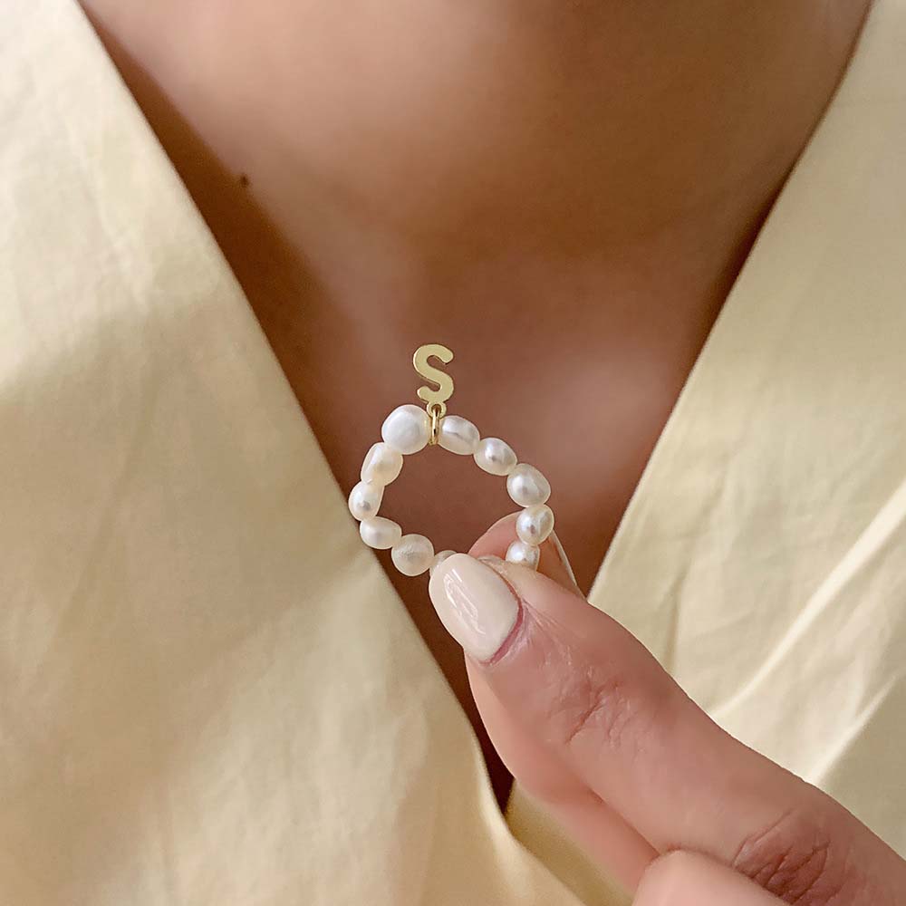 New Minimalist Gold Color Initial Letter Pearl Bead Ring For Woman Geometric Rings Women Finger Jewelry
