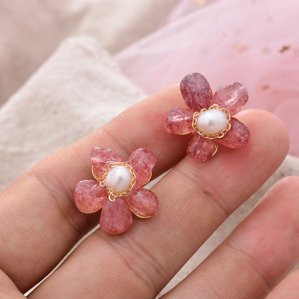 Original Handmade 14K Gold Filled Natural Freshwater Pearl Strawberry Quartz Sweet Rose Flower Ladies Stud Earrings Jewelry Gift
