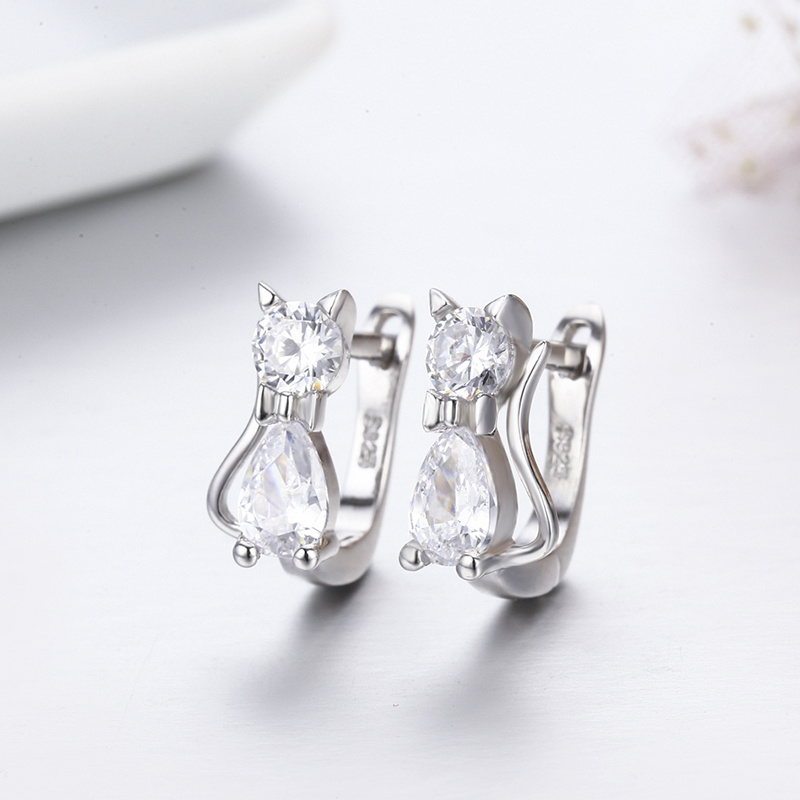 Cute Kitty Kitten Cat CZ 925 Sterling Silver Gatos Small Loop Huggies U Hoop Earrings For Kids Baby Girls Children Jewelry Aros