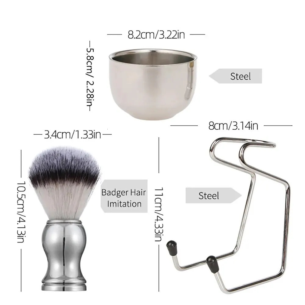 3in1 Vegan Style Synthetic Badger Hair Shaving Brush Stainless Steel Shaving Soap Bowl and Brush Holder Stand Set for Men 240624