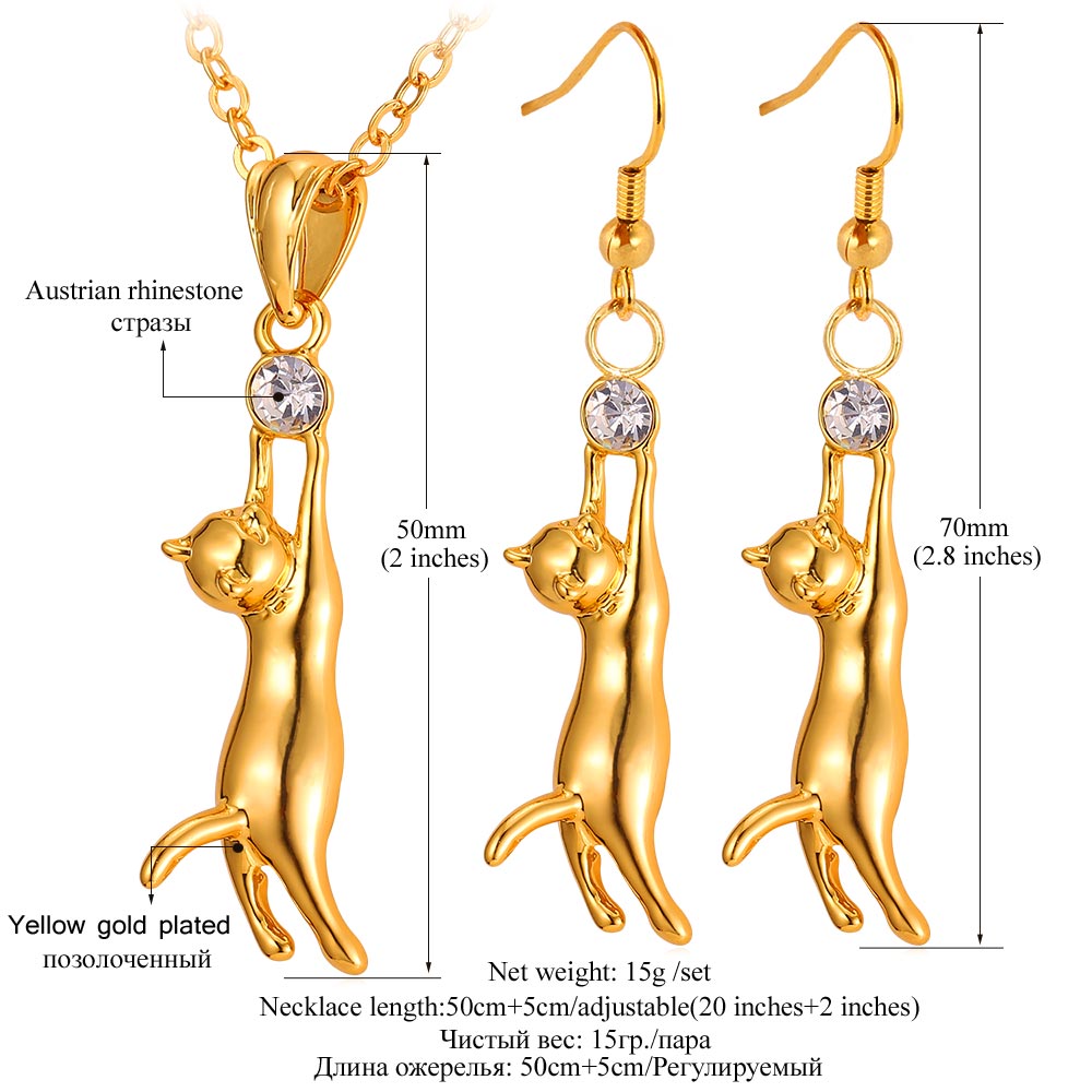 ChainsPro Cat Jewelry Sets For Women Crystal Rhinestone Animal Jewelry Gold/Silver/Black Color Cute Earrings Necklace Set S128