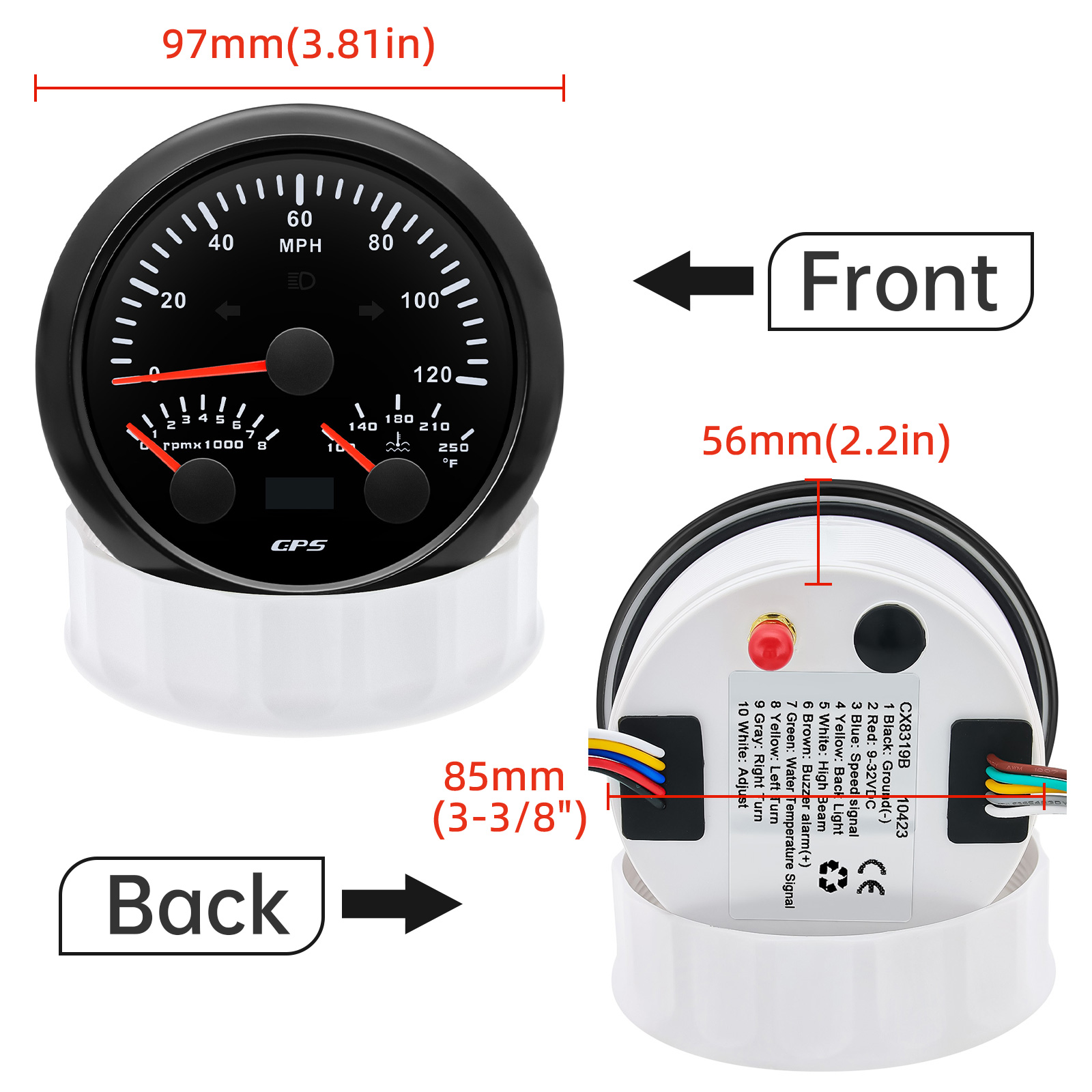 12v 24v Universal 7-color Backlight Waterproof 3In1 Car Gauge MPH Speedometer + PRM Tachometer + °F Water Temperature Gauge