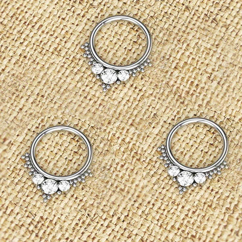 ASTM F136 Titanium Nose Ring 3 CZ Cluster Bead Hoop Ring Cartilage Nose Septum Hinged Segment Helix Lip Earring Piercing Jewelry
