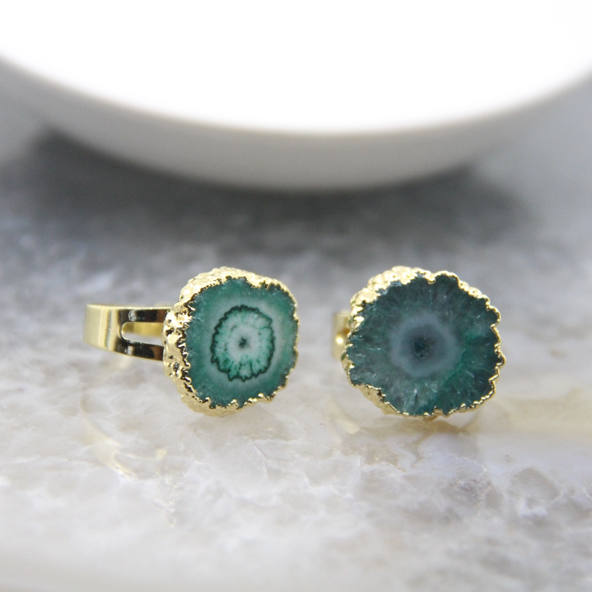 Natural Druzy Solar Quartz Adjustable Golded Women Finger Ring 5 Colors Sun Flower Reiki Heal Drusy Crystal Geode Rings Jewelry