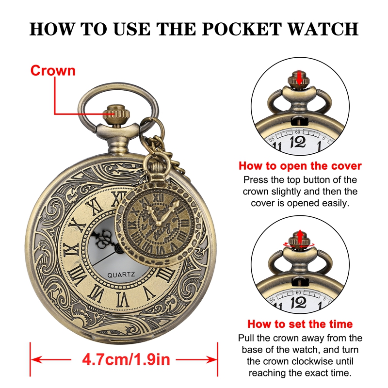 Retro Bronze Engraved Roman Numeral Case Quartz Pocket Watch Necklace Chain FOB Clock Gifts for Men Women Watch with Accessory