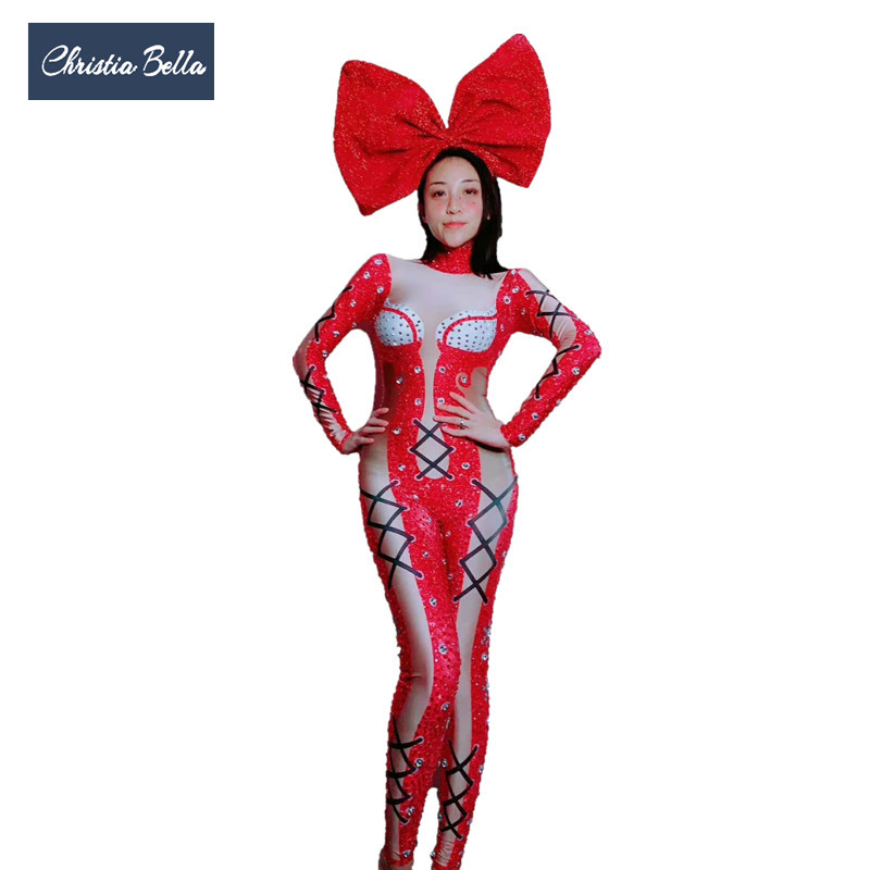 Christmas Party Stage Costumes Women Rhinestones Jumpsuit Stretch Rompers Performance Cosplay Outfit Singer Dancer Bodysuits