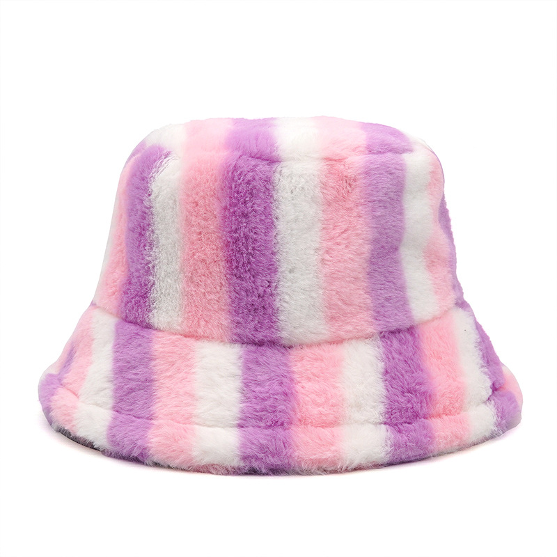 Autumn Winter Faux Fur Rainbow Striped Womens Bucket Hats Thick Warm Lady Fluffy Panama Hats Outdoor Velvet Fisherman Hats