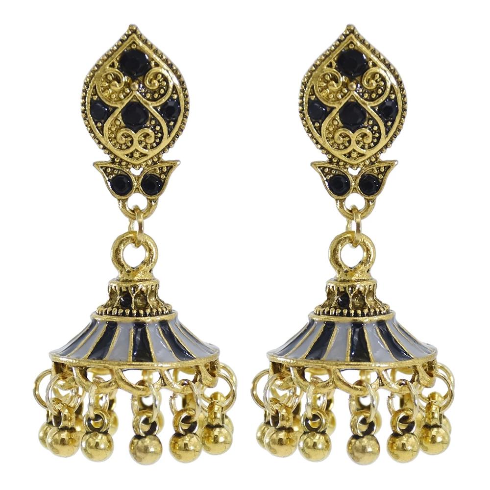 Indian Golden Bells Tassel Earrings For Women Boho Vintage Metal Rhinestone Flower Jhumka Earring Female Party Gift Kolczyki