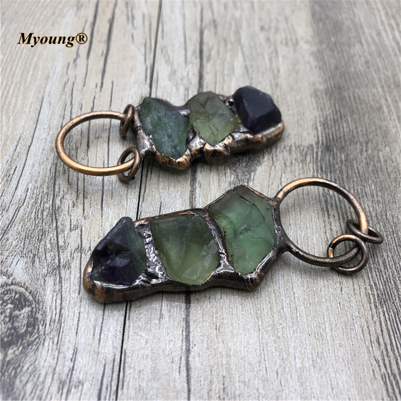5PCS Boho Jewelry Soldered Fluorite Green Crystal Quartz Antique Vintage Stone Necklace Pendants MY210425