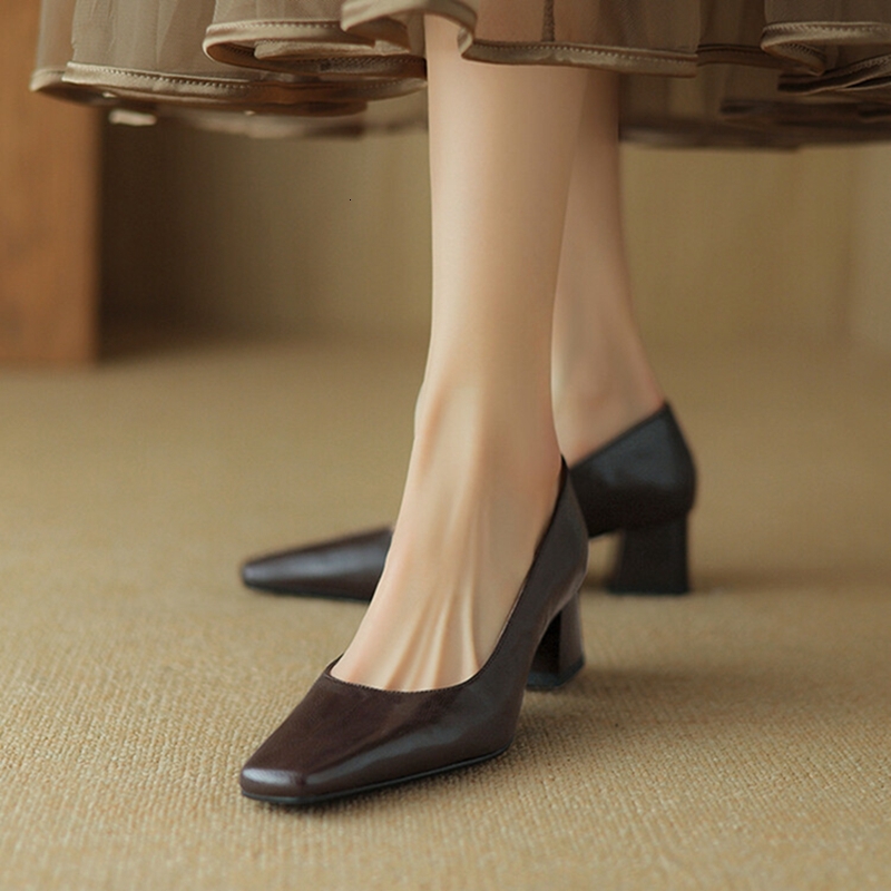 NEW Spring/Autumn Pumps Genuine Leather For Square Toe Chunky Heel Women Elegant Mid-Heel Office Shoes