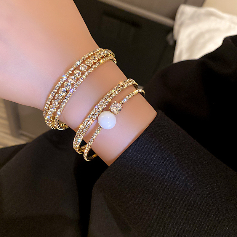 FYUAN Shine Golden Geometric Multilayer Rhinestones Bracelet & Bangles For Women Pearl Cuff Bracelets Weddings Jewelry