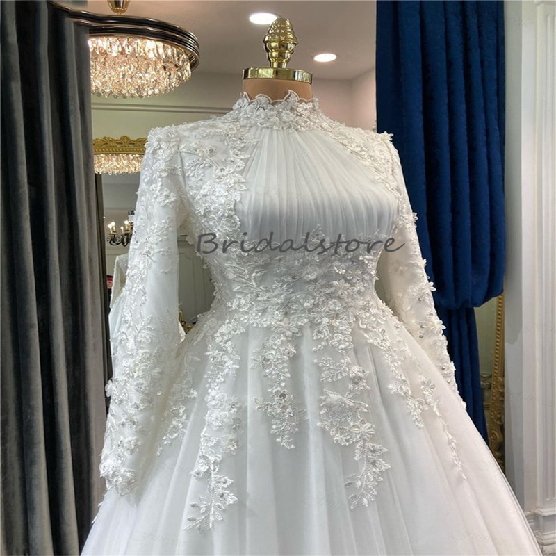 Dubai Muslim Wedding Dresses 2024 High Neck Long Sleeve Lace Boho Bridal Dress Elegant A Line Tulle Beaded Turkey Islamic Bride Dress Church Women Rob