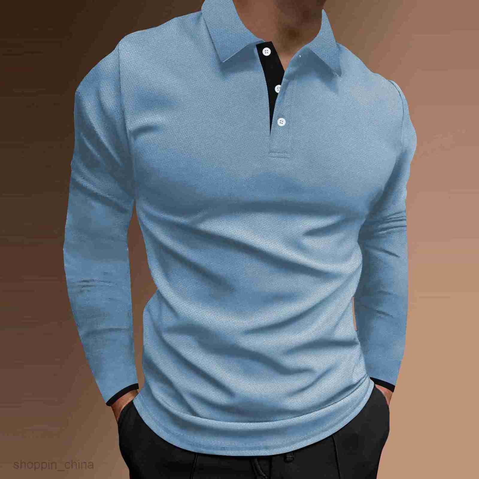 Men Polos Shirts Male autumn sports fitness leisure stand up collar elastic vertical strip long sleeved POLO tops