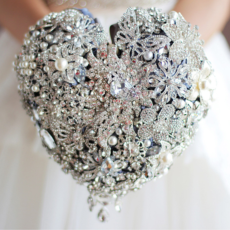 JaneVini Luxury Beaded Heart-shaped Pink Wedding Bouquets Sparkling Rhinestone Crystal Handmade Bridal Flowers Ramos De Flores
