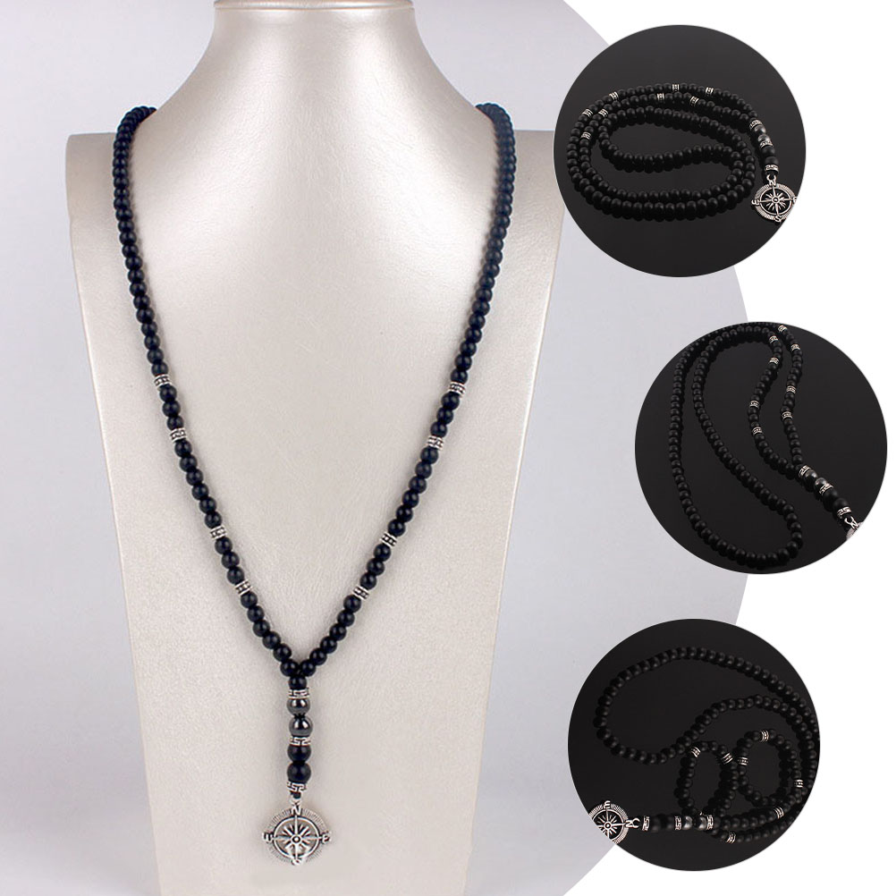 Halloween Compass Necklace Man for Men Mens Beaded Necklaces Frosted Stone Pendant