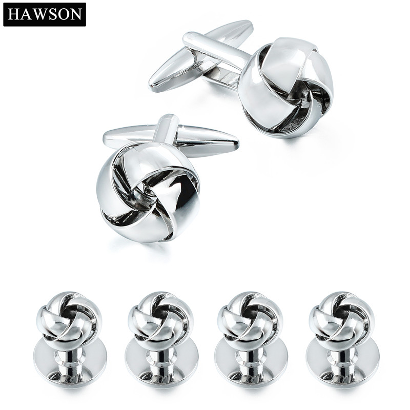 Shinny Silver Color Cufflinks and Studs Set For Tuxedo Twist Knot Design Metal Cufflinks Wedding Shirt Button
