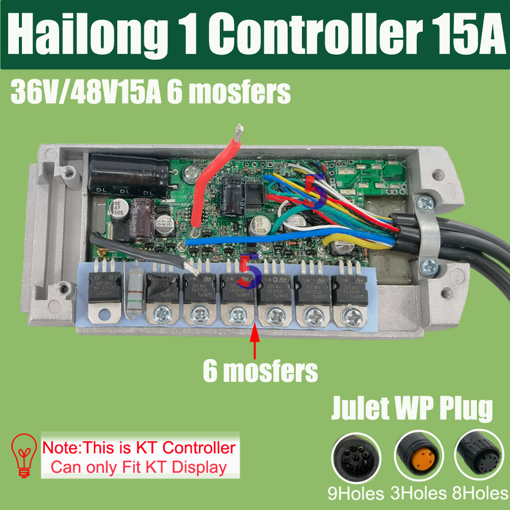 Ebike Hailong Polly Controller KT Sine Wave Motor Controller 15A 22A 36V/48V 250W- 500W Julet 9pins Cable Julet 1-2/1-4 Cable