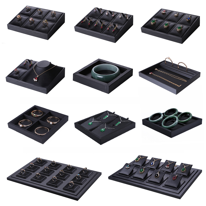 Luxury Black Pu Leather Ring Jewelry Display Tray Insert Charm Pendant Earring Accessories Retail Jewelry Store Window Showcase