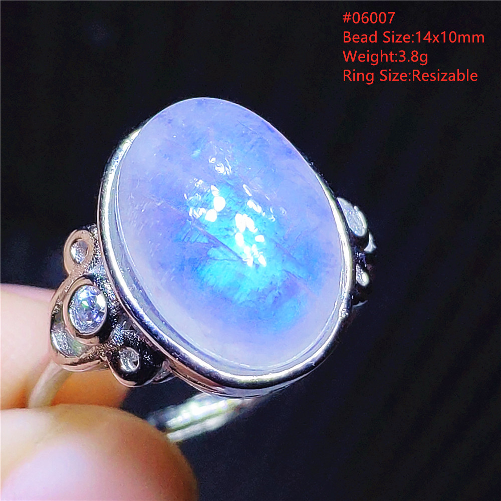 Natural Moonstone Blue Light Adjustable Ring Woman Crystal 14x10mm Oval 925 Sterling Silver Moonstone Beads Stone AAAAA