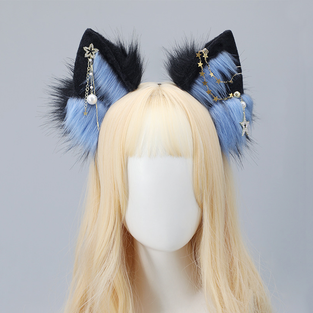 Gothic Wolf Ears Animal Ear Headband with Star Tassels for Women Girls Cosplay Furry Cat Fox Ears Halloween Party Headwear