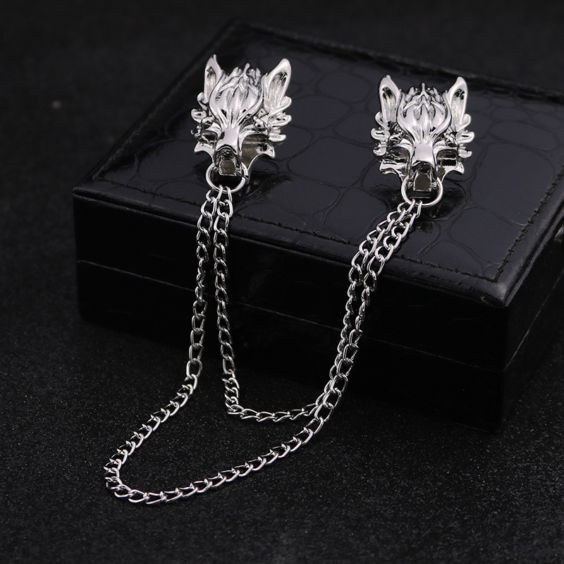 New Punk Chain Wolf Pin Brooches for Men's suit Brooch Collar Decorated Wolf Head Shirt Accessories Tide Corsage Brooch Pins