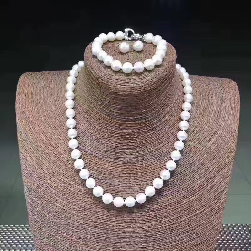 Sinya 925 Sterling Silver Clasp DIY Wear Natural Round Freshwater Pearl Strand Necklace Bracelet Earring Set for Mum Women Lover