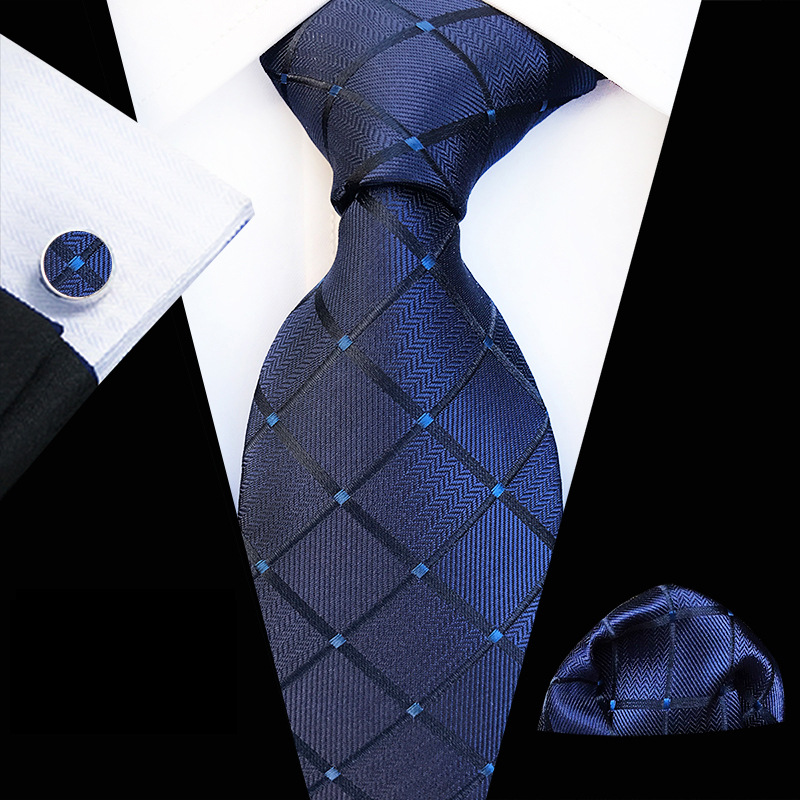 New Design Plaid Tie Set Jacquard Weave Silk Tie Gravata Handkerchief Cufflinks Set Pocket Square Men Necktie Wedding Party Gift