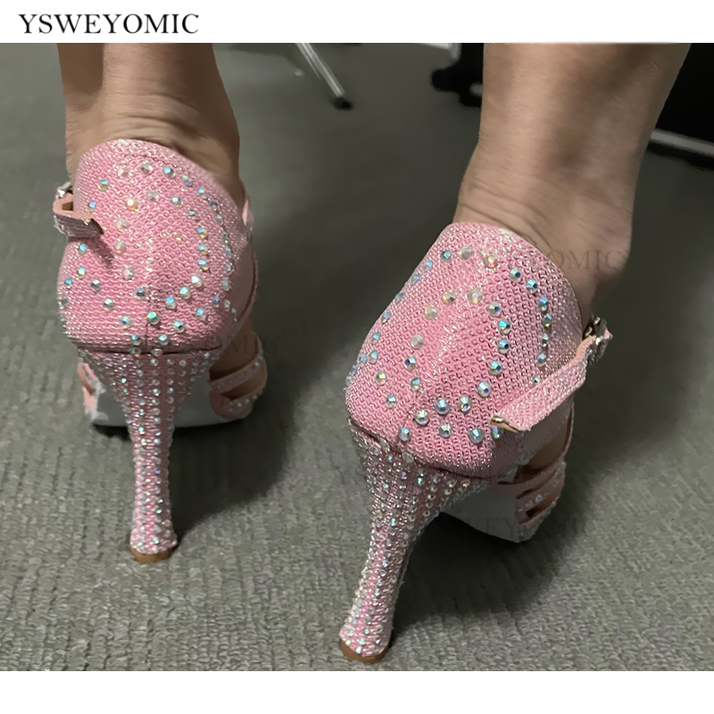 Pink Latin Dance Shoes YSWEYOMIC Toe High Heels 9cm Cuban Dance Shoes for Women Sparkling Salsa Bachata Tango Salsa Shoe