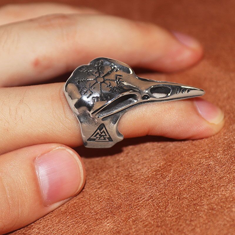 Retro Creative Compass Crow Animal Skull Beads Open Adjustable Ring Gothic Jewelry Accessories Gifts for Men and Women