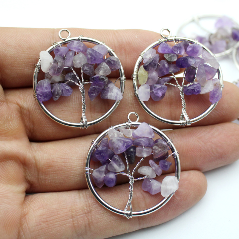 Wholesale Natural Stone Amethyst Lapis Lazuli 30mm Tree of Life Pendant 7 Chakra Reiki Pendant For Jewelry Making 10pcs Mix
